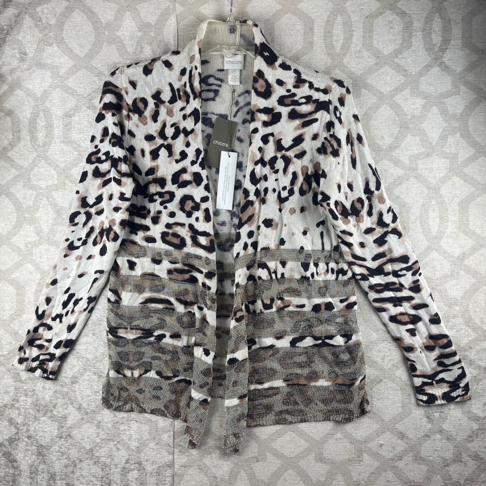 Chico's Animal Shine Viven Cardigan Womens 0 Small Leopard Metallic Sweater NEW